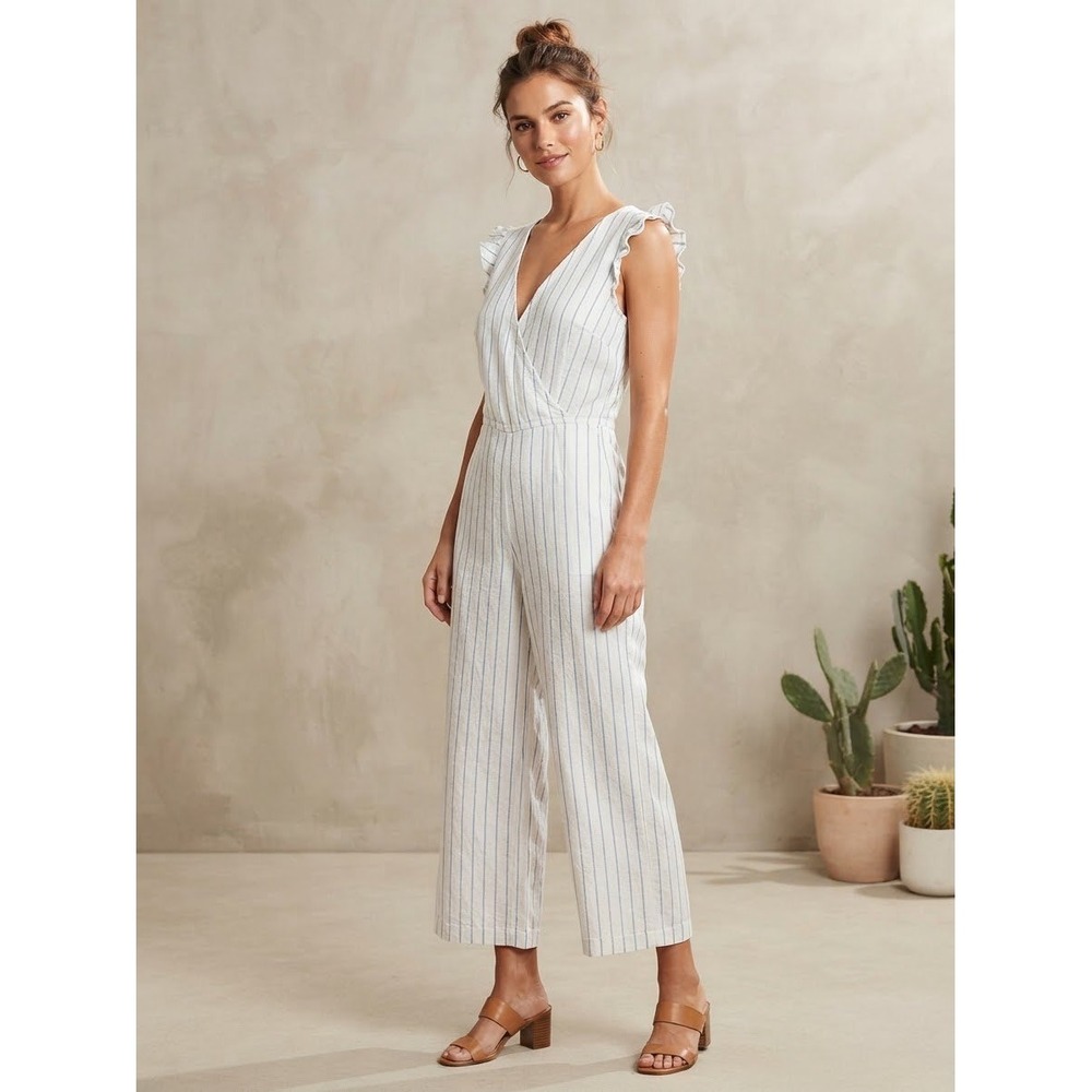 Old Navy Women Jumpsuit XS White Blue Striped Linen Blend Ruffle V-Neck Wide Leg